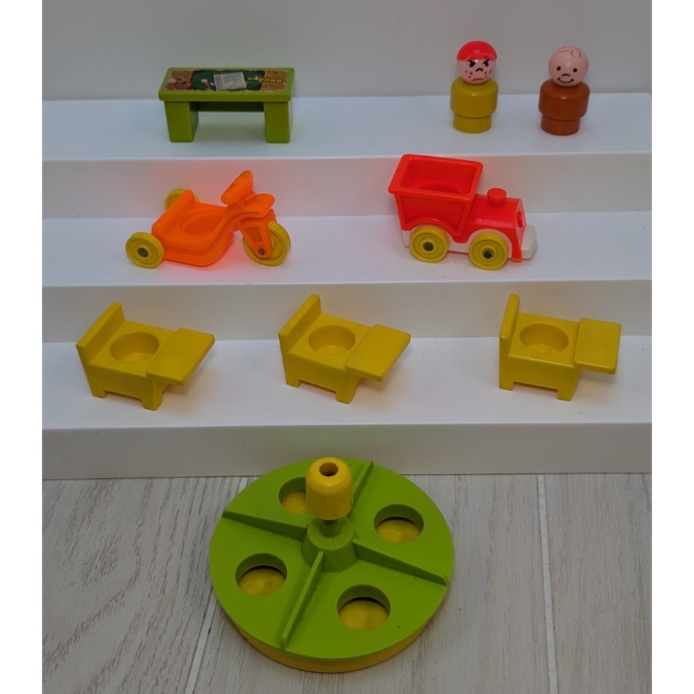 Fisher-Price Little People vintage lot wooden mad boy school desk chairs trike +